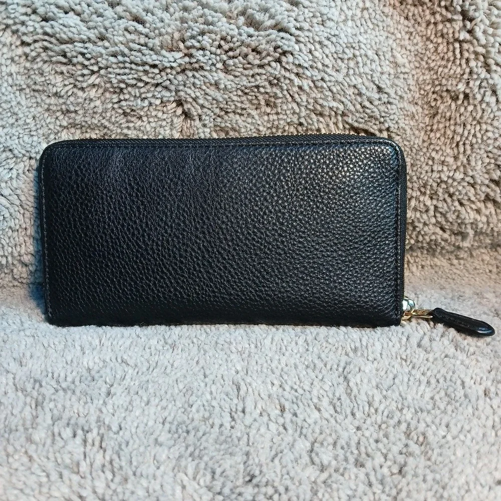 Authentic Coach Black Pebbled Leather Zip Around Long Wallet Gold  Tone Hardware